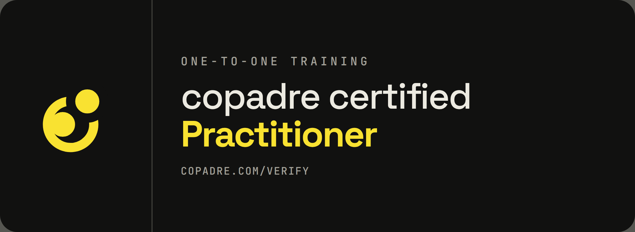The copadre certified Practitioner card, awarded after one-to-one training, showing the copadre logo and copadre.com/verify.