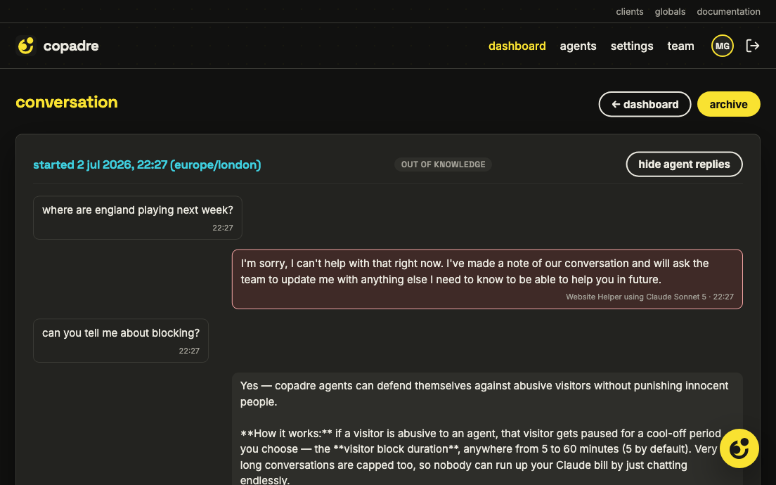 A conversation transcript in copadre marked out of knowledge: the visitor's question, and the polite reply given instead of a guess